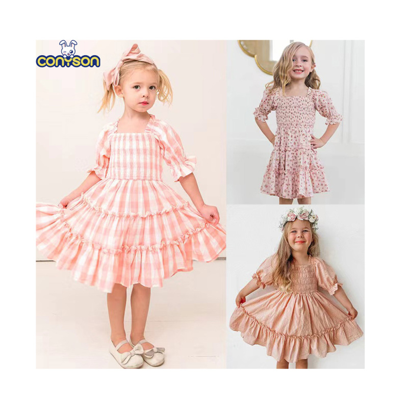 Conyson New Arrivals Summer Fashion Shirring Design Square Collar Sweet Puff Sleeve Lattice Floral Girl Formal Princess Dress