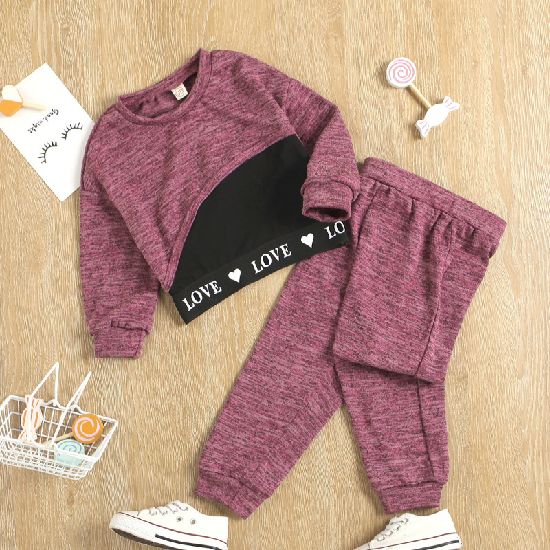 Conyson fashion New Casual Long Sleeve round neck ribbon letter jacket and pants 2pcs Toddler Girls Boutique Outfits set