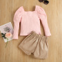 Conyson Wholesale Kids Designer Clothes Knit Long Sleeve Pink Sweater PU Shorts 2 Piece Children Girls Clothing Outfits