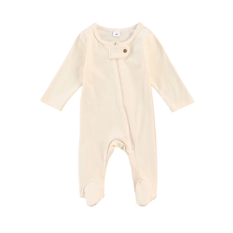 Conyson Wholesale Spring Newborn Clothes Solid Long Sleeve Infant Clothing With Foot Crew Neck Soft Cotton Baby Girls Zip Romper