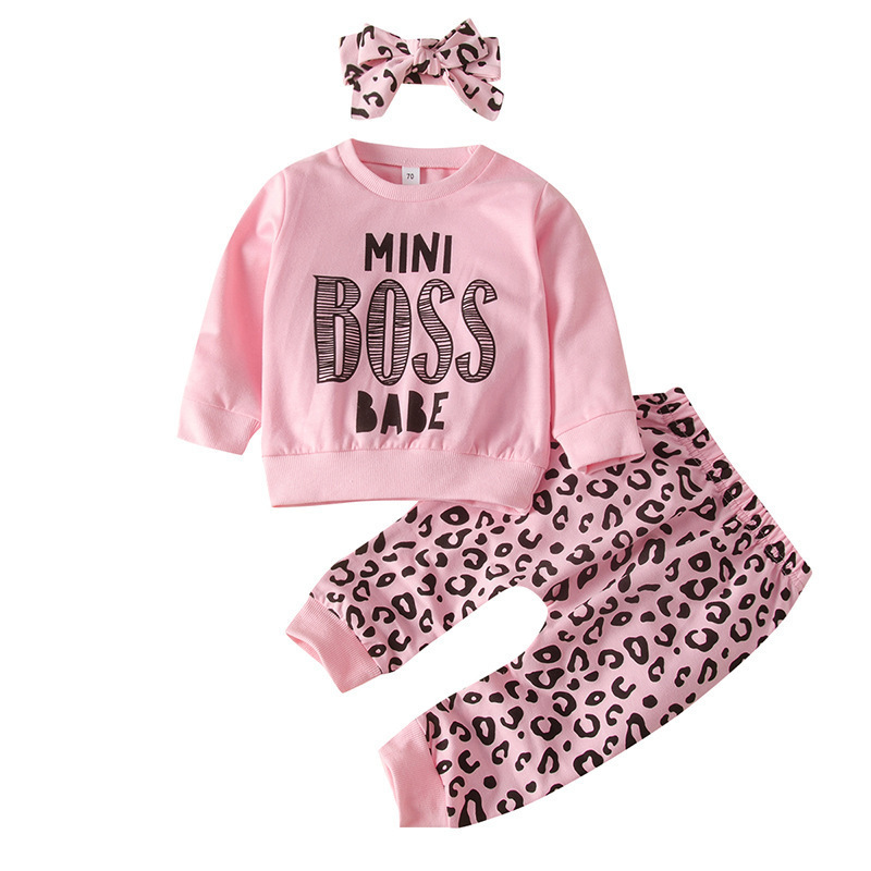 Casual Fashion Solid Color Letter Round Neck Girls Leopard Clothing Kids 3 Piece Little Girl Outfit Sets