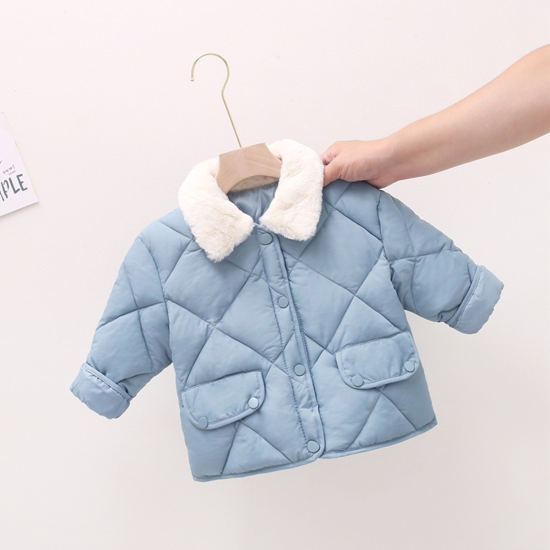 Loose Down Cotton Padded Jacket Baby Boy Girl Clothing Solid Color Diamond Plaid Fleecy Wool Collar Coat