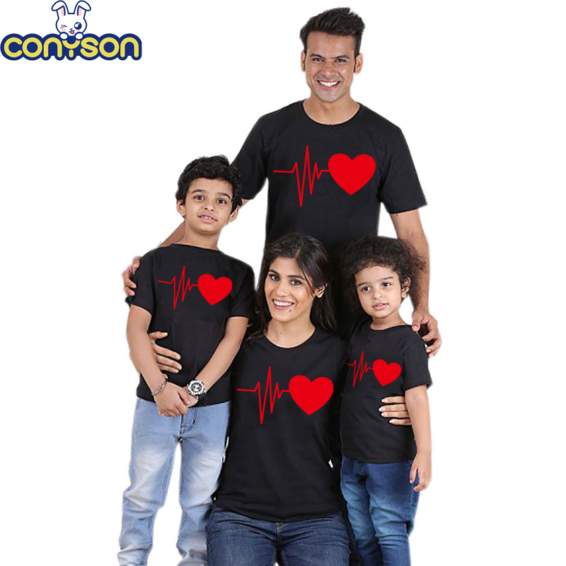 Conyson Hot Sale Family Couples Matching Parent Outfit Dad Mom Baby Girls And Me Heartbeat Printed Man Woman Kids Clothes Shirt