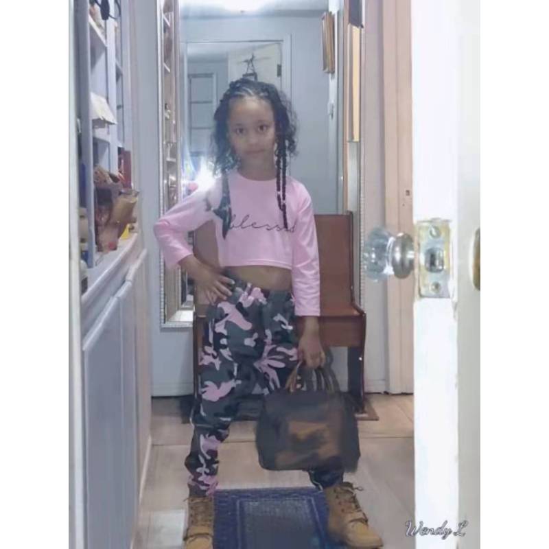 Conyson Pink Black Letter Long Sleeve Pullover Crop Tops Camouflage Print Pants Long Trousers Baby Girls Two-piece Outfits