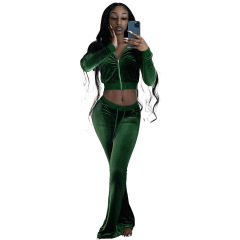 Wholesale Sweatsuit Sexy Crop Top Slim Long Sleeve Zipper Plus Size Street Two-piece Korean Cashmere Solid Color Women's Set