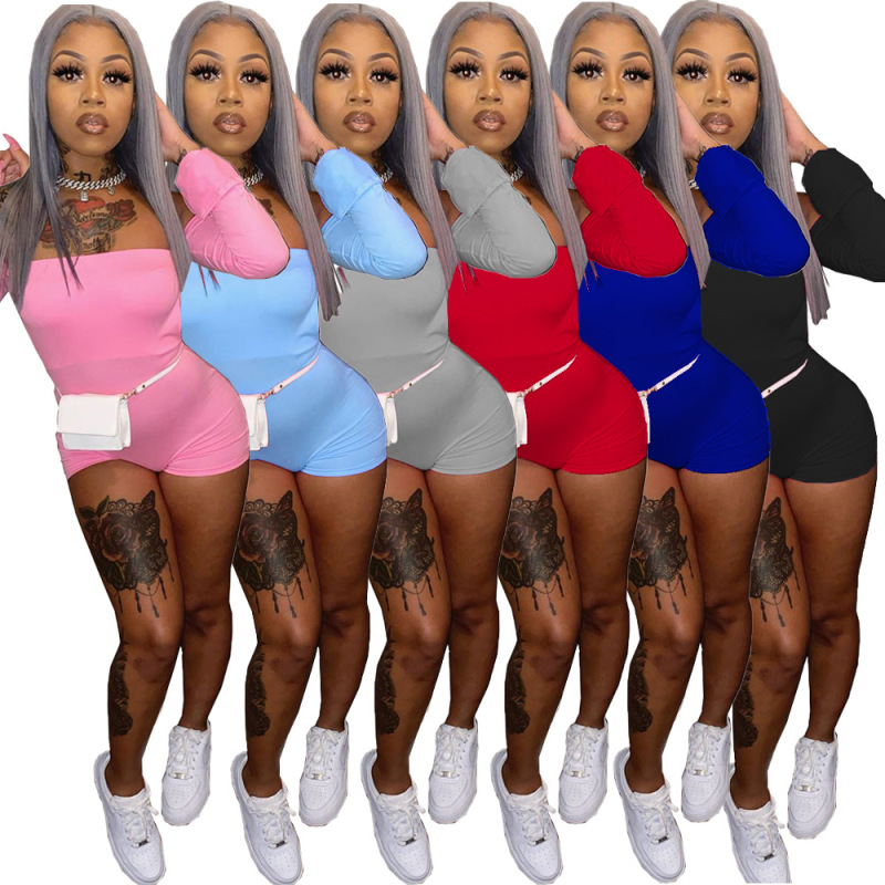 Summer Women Casual Bodysuit Cuff Slits Strapless Siamese Trousers Long Sleeves Short Pants Playsuits Solid Color Jumpsuit