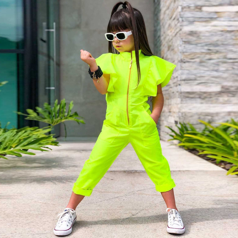 Conyson Wholesale Hot Kids Clothes Summer Short Flying Ruffles Sleeves Zipper One Piece Little Girls Jumpsuit Casual
