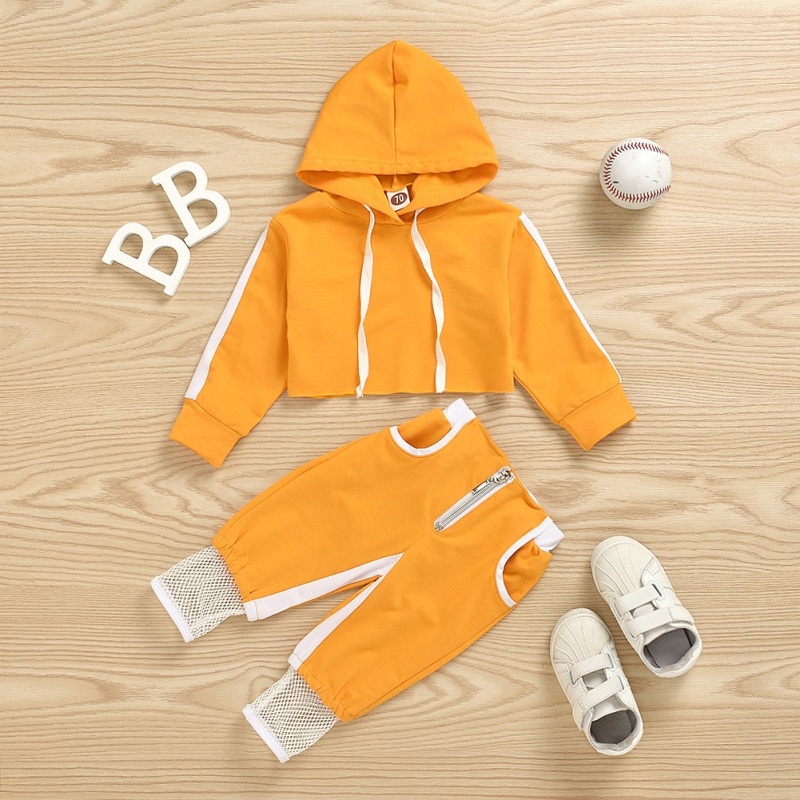 Conyson Baby Girls Sportswear Spell Color Long Sleeve Pullover Hood Crop Tops Mesh Desgin Long Pants Jogging Tracksuit Outfit
