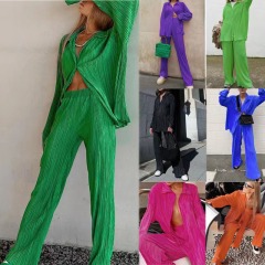Conyson Good Quality Spring Autumn Woven Polyester Solid Fashion Shirring Design Long Sleeve Cozy 2 Set Women Clothing