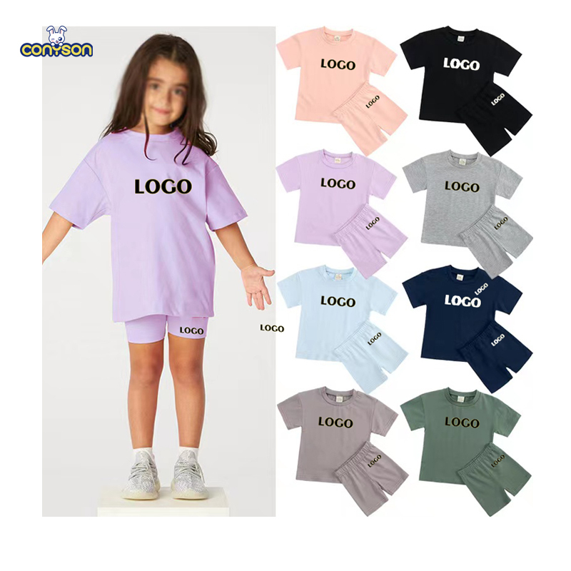 conyson Kids Solid Color Two Piece Biker Shorts Set Toddler Girls custom Summer Outfits Children Boutique Clothing Sets