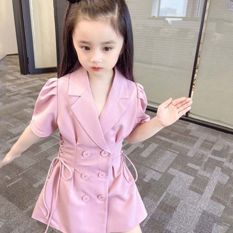 Conyson Summer Black White Jacket Solid Dress Short Sleeve Lapel Buttons Bandage Waist Blazer Baby Girls Clothes Dresses
