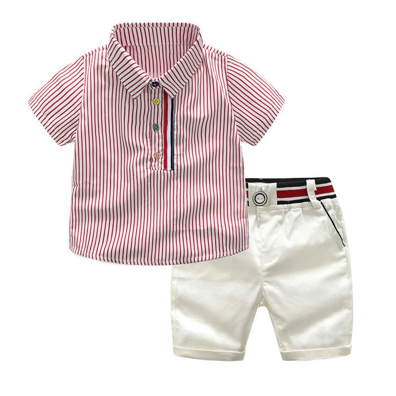 Children's gentleman summer clothes striped short sleeve tops + white shorts 2 pcs clothing sets for kids baby boys party suits
