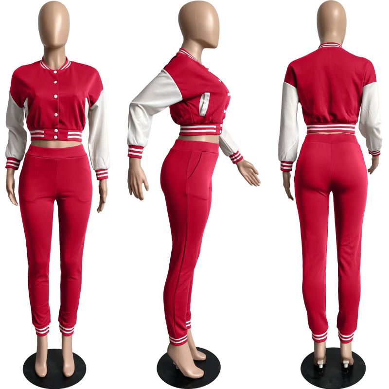 popular style fashion fall winter designer logo Customized women two pieces jacket suit button clothing adult Ribbed clothes set
