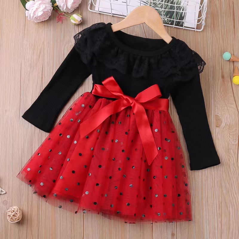 Conyson Stock Lots Spring Autumn Casual Style O-neck Long Sleeve 95% Cotton Soft DOT Lace Binding Baby Clothes Girl Dresses