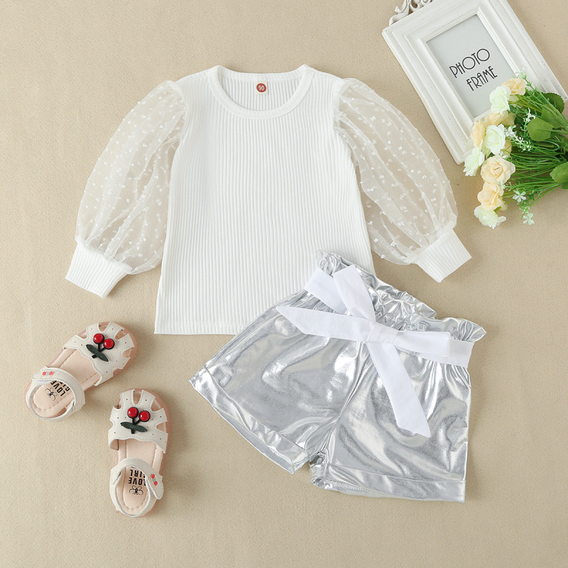 Conyson Wholesale Kids Clothes Summer Short Lace Heart Mesh Puff Sleeve Solid T Shirts+High Waist Shorts With Belt Clothing Set