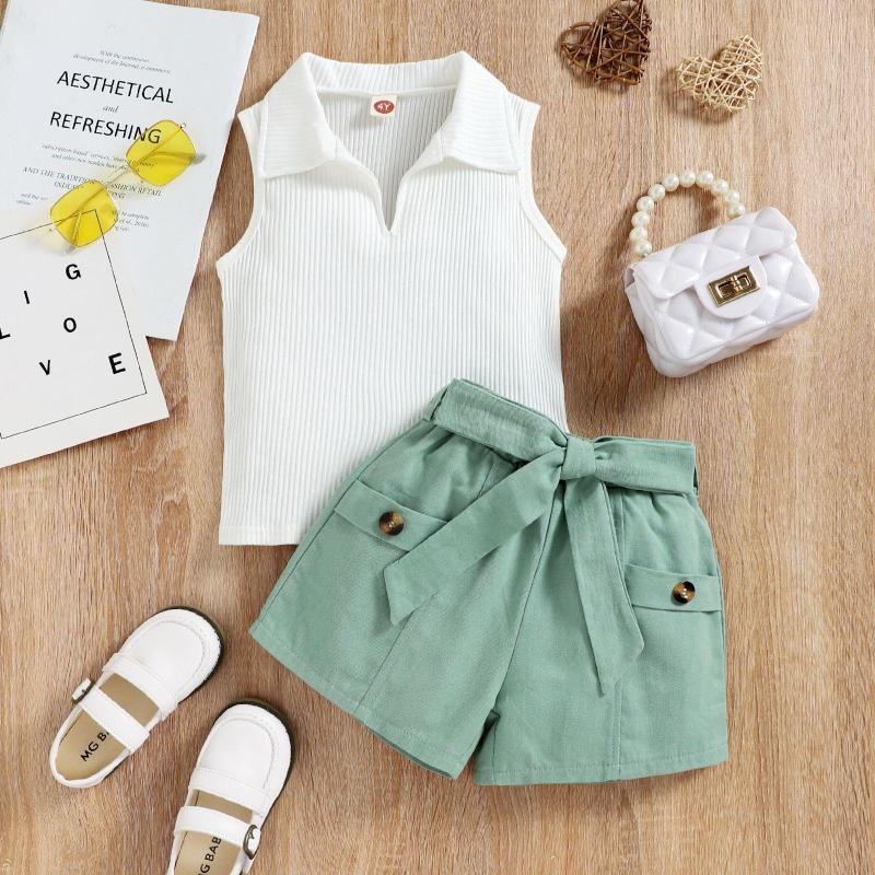 Conyson Hot Sale Girls Fashion Summer Europe Style Sleeveless V-Neck Cotton Pocket Polo Shirt Strip with bow 2 Pcs Girls Set