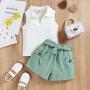 Conyson Hot Sale Girls Fashion Summer Europe Style Sleeveless V-Neck Cotton Pocket Polo Shirt Strip with bow 2 Pcs Girls Set