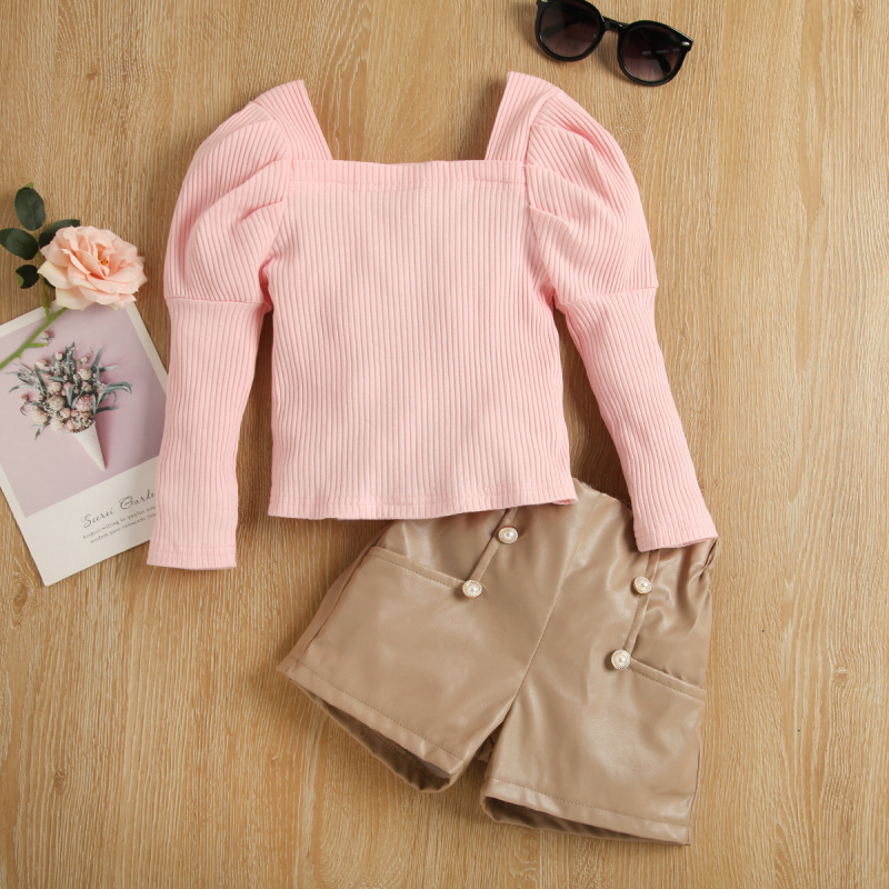 Conyson Wholesale Kids Designer Clothes Knit Long Sleeve Pink Sweater PU Shorts 2 Piece Children Girls Clothing Outfits