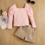 Conyson Wholesale Kids Designer Clothes Knit Long Sleeve Pink Sweater PU Shorts 2 Piece Children Girls Clothing Outfits