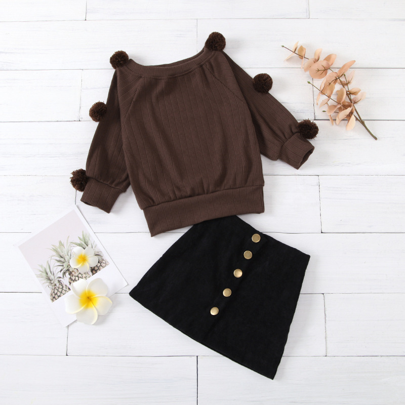 Toddler Baby GIrl Skirts Outfits Long Sleeve Knitted Pompom Sweater Top Oxford Button Aline Skirts Mini Dress Two Piece Sets