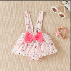 Conyson RTS Summer Letter Romper Suspender Shorts With Kneecap Three Pieces Cute Baby Girl Clothes Easter Kids Wear Clothing