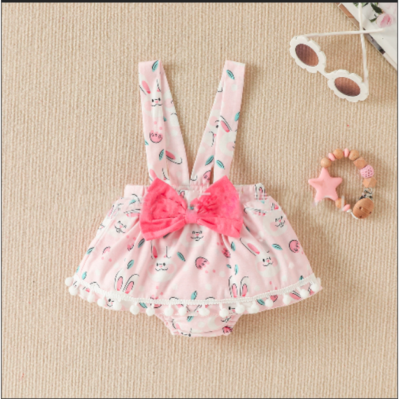 Conyson RTS Summer Letter Romper Suspender Shorts With Kneecap Three Pieces Cute Baby Girl Clothes Easter Kids Wear Clothing