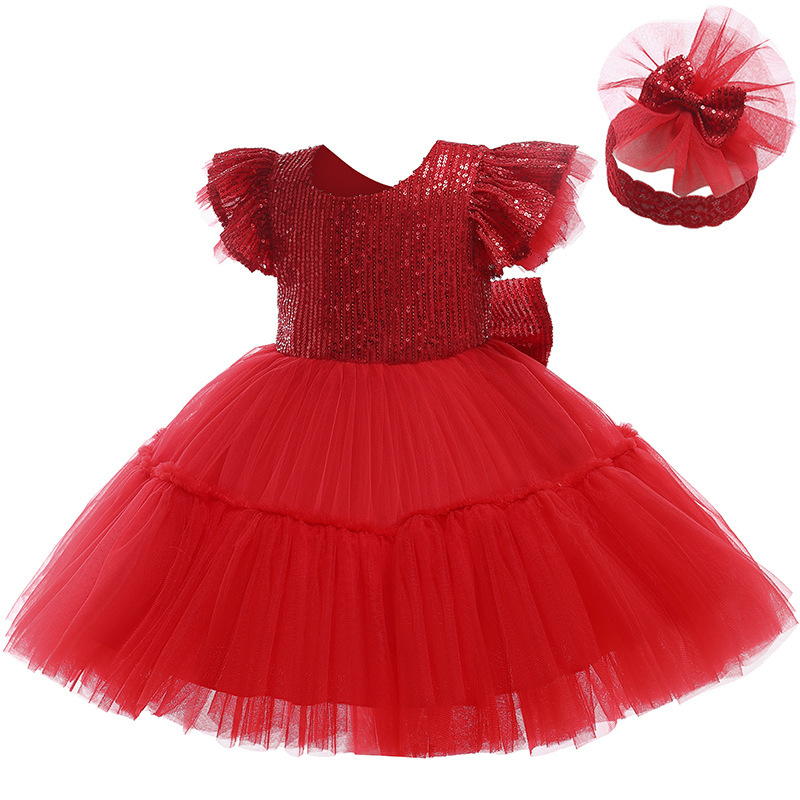 Conyson Wholesale Solid Flower Girl Sequined Princess Mesh Dress Christmas Party Wedding Tulle Tutu Girls Dresses
