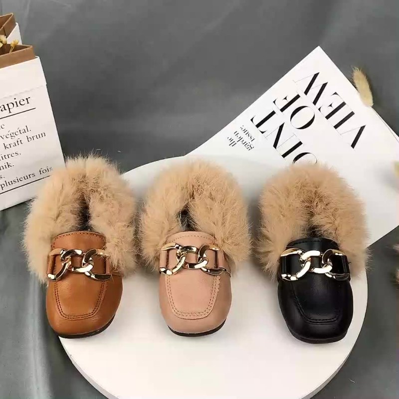 2021 Custom Winter Party Black Children Wholesaler Little Toddler Baby Girl Kids Flats Fur Dress Children's Casual Shoes