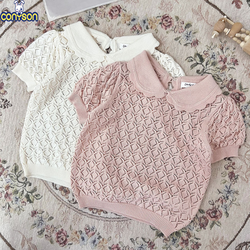 Conyson Custom Wholesale Pullover Lotus Collar Hollow Out Crochet Thin Cute Shorts Sleeve Organic Cotton Toddler Girls Shirts