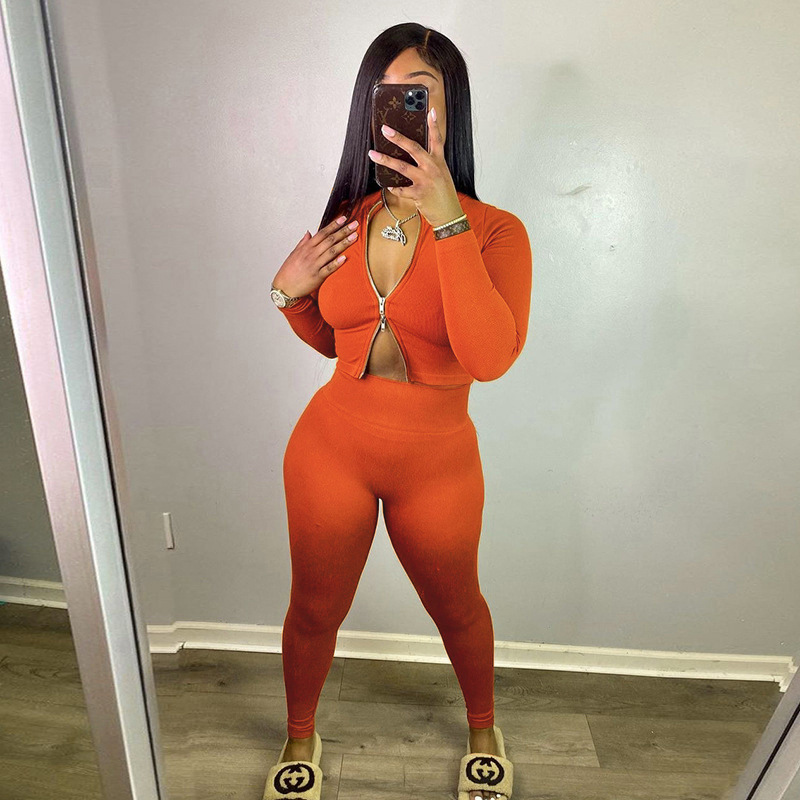 New Design Spring Sexy Women Active Wear Thongs Outfits Women's Set Rib Knit Zipper Bodycon Crop Top Legging 2 Piece Women Set