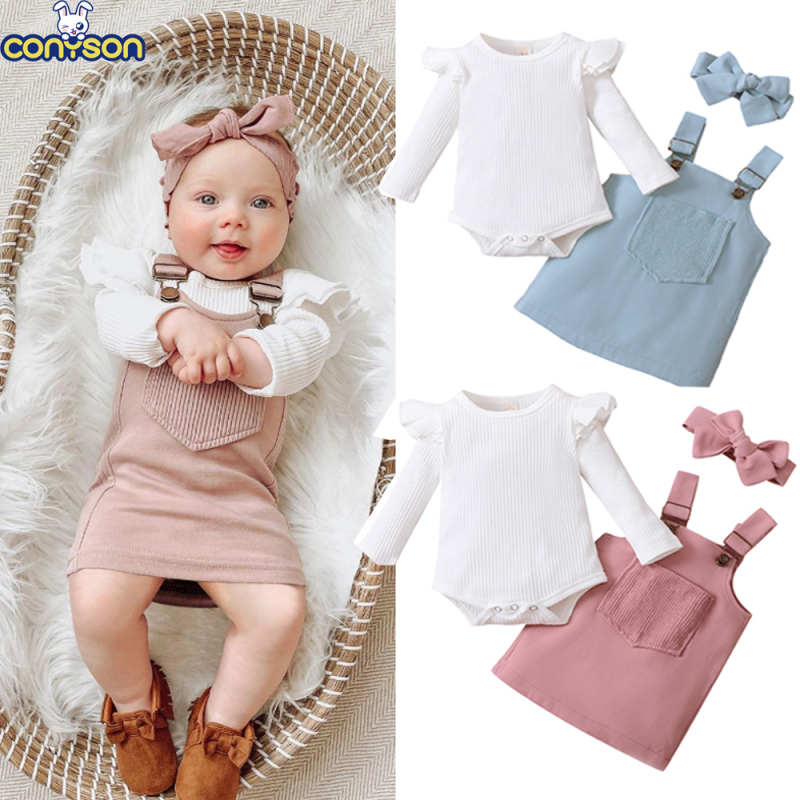 Conyson Wholesale Baby Kids Girls Solid Stripes Long Sleeve Romper Tops Pocket Suspender with Headband 3Pcs Clothing Skirt Set