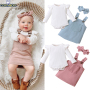 Conyson Wholesale Baby Kids Girls Solid Stripes Long Sleeve Romper Tops Pocket Suspender with Headband 3Pcs Clothing Skirt Set