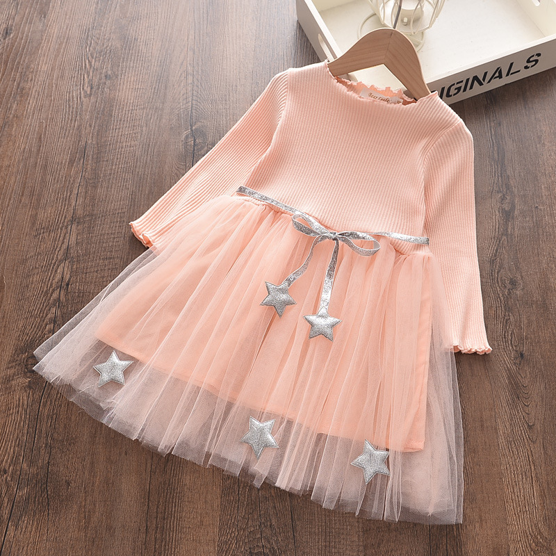 Manufacturers Selling Custom New Long-sleeve Tethers Girl Mesh Dress With Stars For Girls