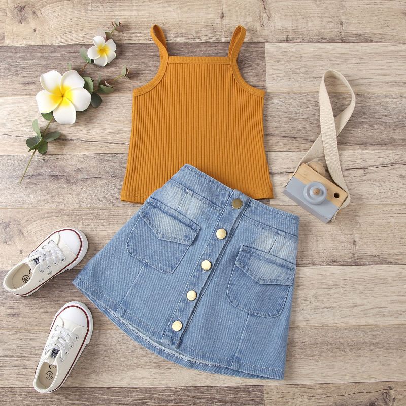 2021 New Infant Kid Girl Bright Color Sleeveless Tank Top + Denim Skirt 2 Pcs Clothing Set 1-5 T