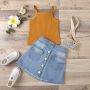 2021 New Infant Kid Girl Bright Color Sleeveless Tank Top + Denim Skirt 2 Pcs Clothing Set 1-5 T