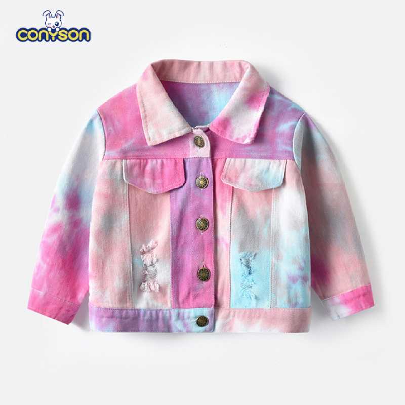 Conyson Hot Sale Multi-color Neutral Tie-dye Kids Clothing New Designer Children's Lapel Long Sleeves Denim Jacket for Baby Boys