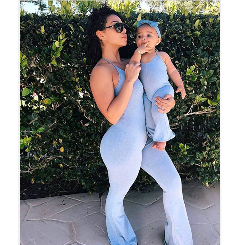2022 Solid Color Top Sling Jumpsuit Mommy and Me Outfits Pullover Crewneck Sweatshirt Family Clothing Mother and Daughter Sets