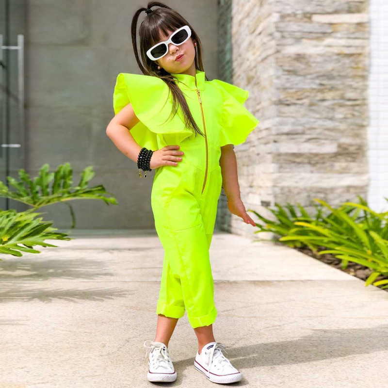 Conyson Wholesale Hot Kids Clothes Summer Short Flying Ruffles Sleeves Zipper One Piece Little Girls Jumpsuit Casual
