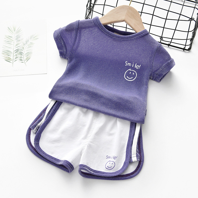 Conyson Wholesale Kids Summer Clothes Baby Girls Smile Letter Printed Casual Ice Silk Short Sleeve Sports Children Clothing Set