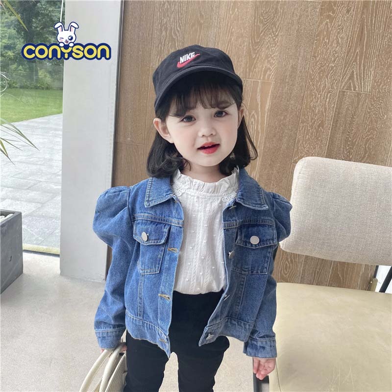 New Autumn Baby To Toddler Single Breasted Girl Puff Sleeve Baby Girls Jackets Denim Puffer Coat