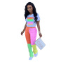 Conyson New Fashion Letter Mixture Printed Colorful T-shirt Patchwork Legging Pants Ruffles Women Lady Casual Outfits Sets