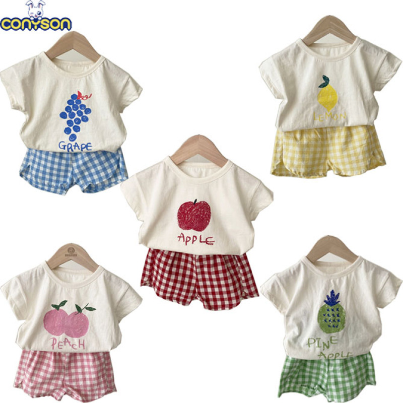 Conyson korea Fashion cotton Summer children Fruits tshirt square shorts 2 Piece Suit wear Toddler baby Boys girl's clothing set