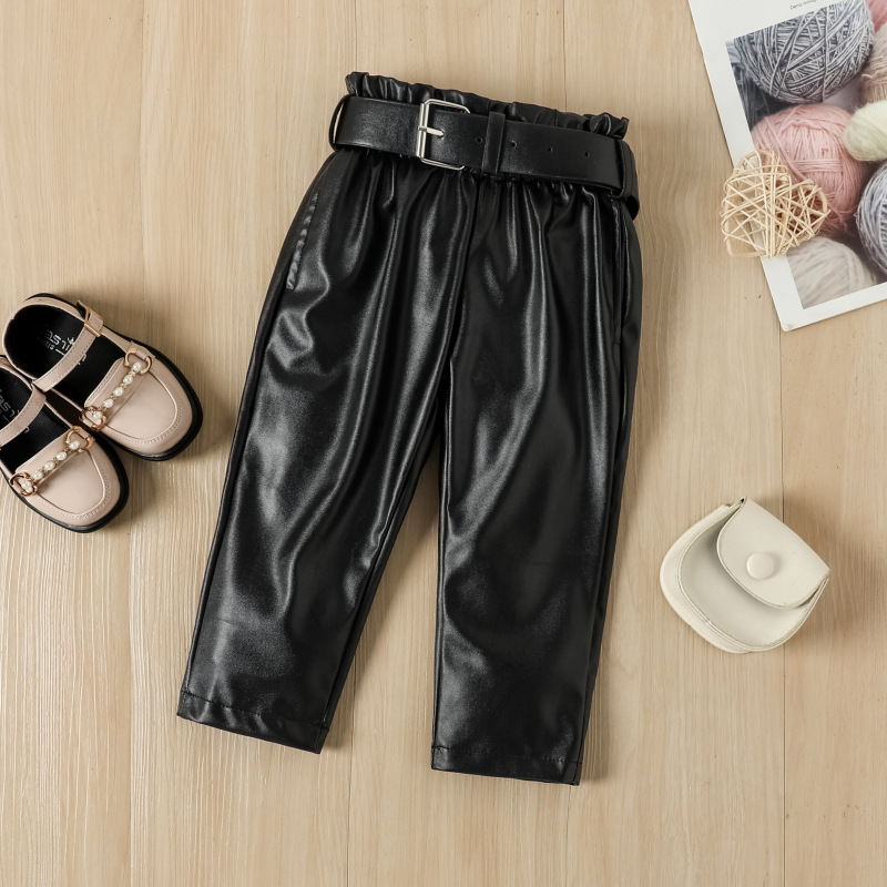 Conyson Casual Kids Girl Clothes Mesh Sweater Leather Pants Outfits Dot Print Long Puff Sleeved Top PU Trousers 2pcs Girls Sets