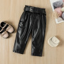 Conyson Casual Kids Girl Clothes Mesh Sweater Leather Pants Outfits Dot Print Long Puff Sleeved Top PU Trousers 2pcs Girls Sets