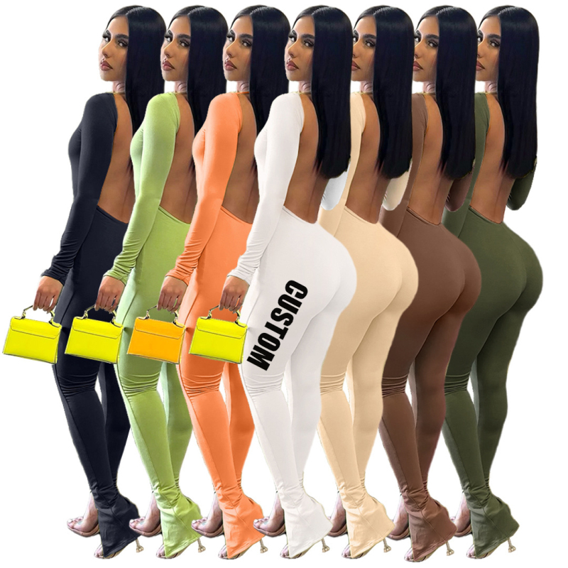 hot sale fashion summer designer women elastic SX-2XL clothes one piece solid color Jumpsuit open back adult woman sexy clothing