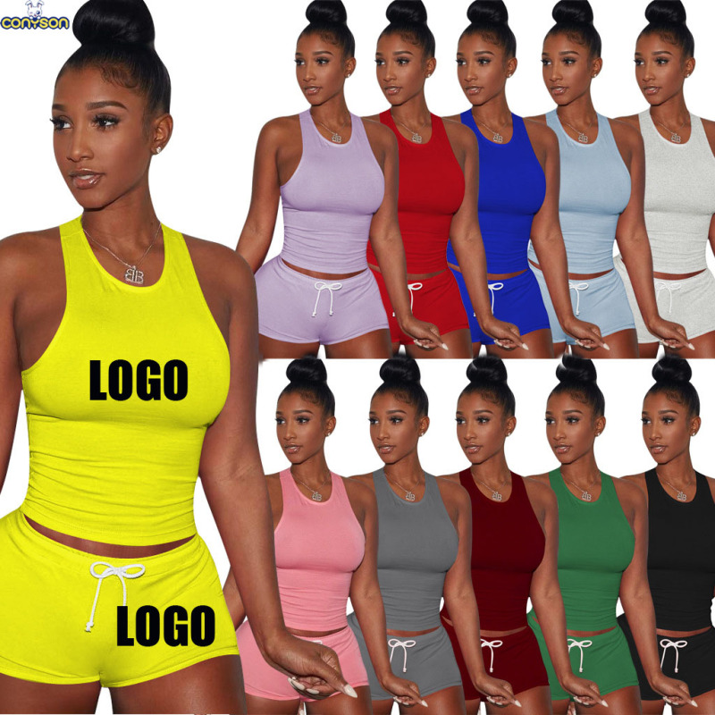 Conyson hot sale summer Custom logo Made Outdoor women's short Clothes sport suit clothing two-piece adult tank top shorts Sets
