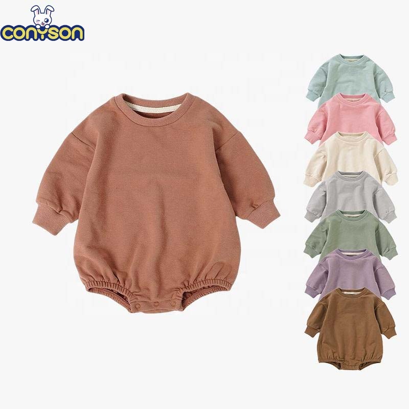 Conyson Newborn Boutique Fluffy Long Sleeve Unisex Autumn French Terry Bodysuit Organic Cotton Sweatshirt Baby Rompers