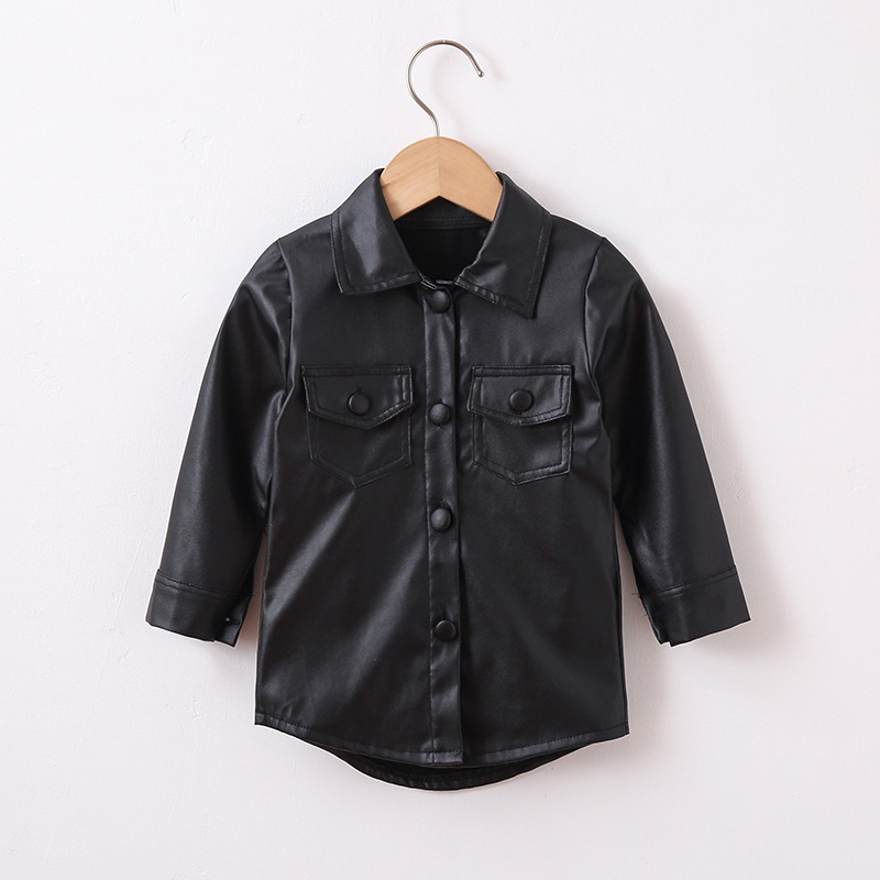 Conyson Wholesale Hot Fashion Summer Kids Clothes Leather PU Casual Solid Long Sleeve Single Breasted Straight Knee Dress Jacket