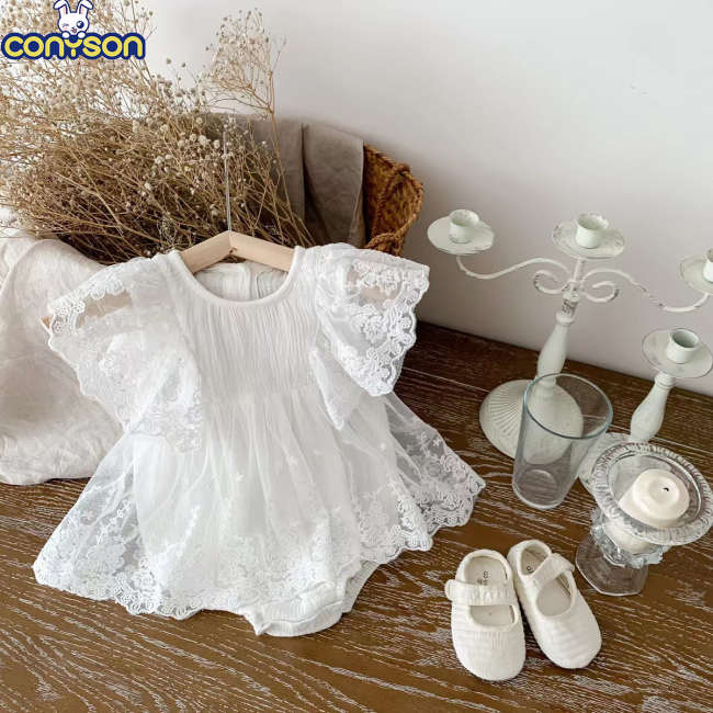 Conyson Wholesale Latest Design Summer Fluffy Lace Embroidery Boutique Flowers White Lace infant clothing Baby girls romper