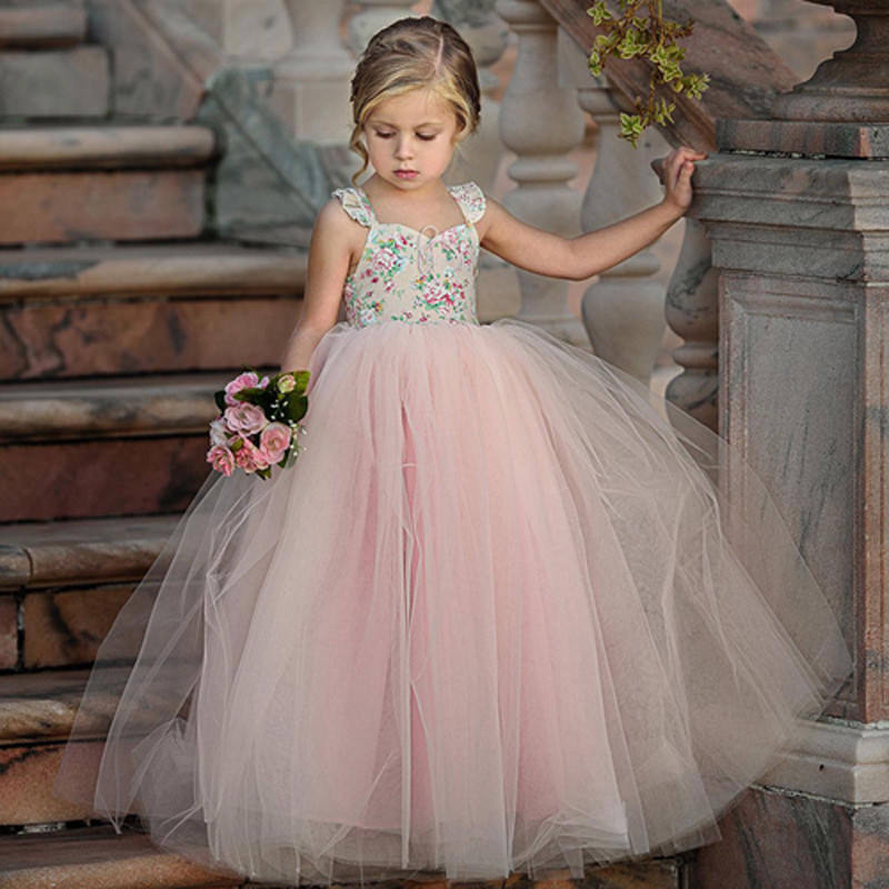 Conyson Wholesale Summer Ruffle Sleeve Mesh Weeding Party Dress Pink Flower Tulle Princess Dresses Girls Sweet Tutu Long Dress